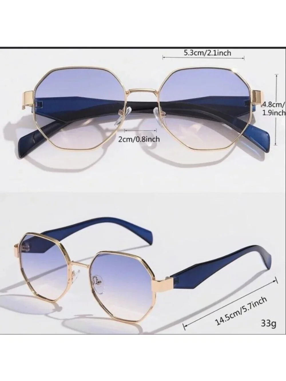 Unisex Octagon Gold Frame Sunglasses With Grey/Black Lenses & Ivory White Arms